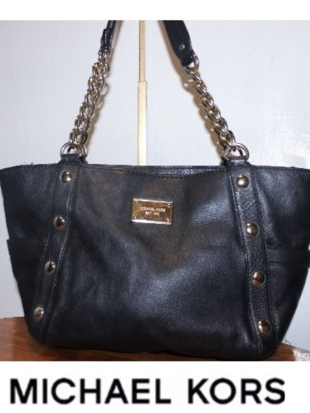 $458 Large Michael Kors Black Delancy Studded Tote Shoulder Bag Satchel